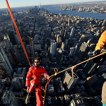 Academy Award-winning actor Jared Leto scaling the Empire State Building in New York on Thursday. The 51-year-old climbed nearly 20 floors of the iconic skyscraper to promote the release of a new album from his band 30 Seconds to Mars. Leto got permission